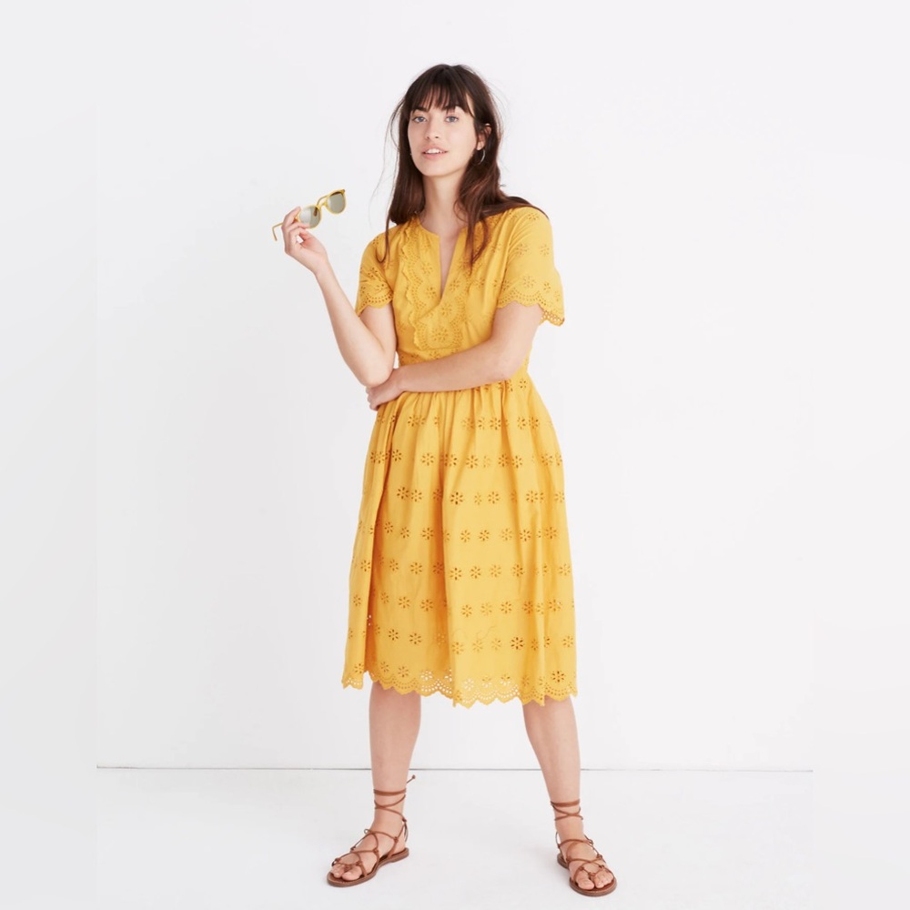 Madewell Sz 2 Yellow gold Scalloped Eyelet Short Sleeve V-Neck Midi Dress ruffle